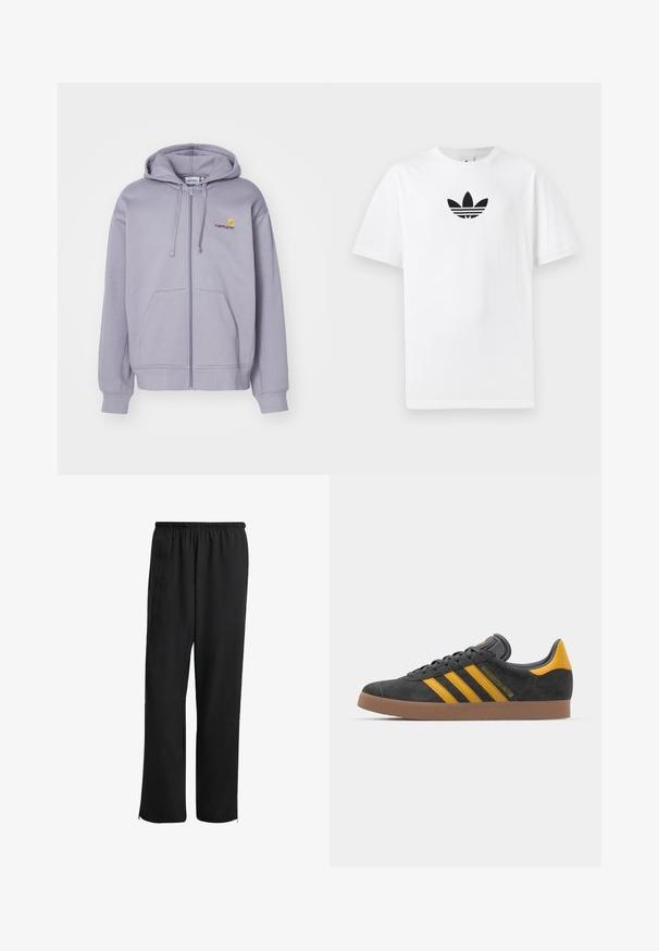 Light purple zip-up hoodie made of soft fabric, featuring a front pocket, drawstring hood, and embroidered logo on the chest.; White cotton T-shirt featuring a black Adidas logo at the center. Short sleeves and a crew neck design. Smooth texture.; Black athletic pants with an elastic waistband, straight-leg design, side pockets, and zippered cuffs, made from a smooth, lightweight fabric.; Black suede sneaker with yellow accents, featuring three stripes and a brown rubber sole. Includes a padded tongue for comfort.