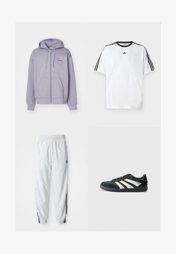 Svetlofialová mikina na zips vyrobená z mäkkej tkaniny, s prednou vreckom, kapucňou so šnúrkou a vyšitým logom na hrudi.; Biela tričko vyrobené z bavlny, so čiernym okrúhlym výstrihom a tromi čiernymi pruhmi na každom pleci. Malé čierne logo na hrudi.; Biele športové nohavice s čiernymi bočnými pruhmi, elastickým pásom a manžetami; na ľavom stehne je logo Adidas. Hladká textúra látky.; adidas Performance PREDATOR FREESTYLE JUDE INDOOR FOOTBALL SHOES - Halové kopačky - core black/silver-coloured/glory blue
