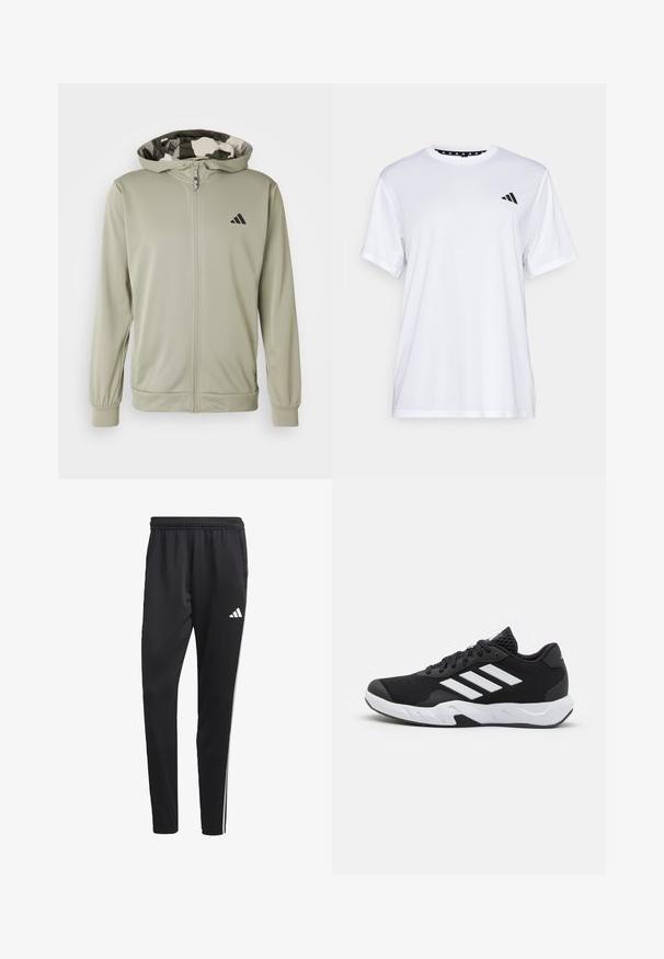 adidas Performance TRAIN ESSENTIALS CAMO FULL ZIP - Tréningová bunda - silver pebble; Biely športový tričko s krátkymi rukávmi, vyrobené z materiálu, ktorý odvádza vlhkosť. Má čierne logo na ľavej hrudi a vzorovaný vnútorný golier.; Čierne športové nohavice s elastickým pásom, bielymi bočnými pruhmi a malým bielym logom na stehne. Vyrobené z hladkého, ľahkého materiálu.; Čierne športové topánky s textúrovaným sieťovinovým zvrškom, bielymi akcentovými pruhmi, polstrovanou podrážkou a spevneným pätou pre podporu.