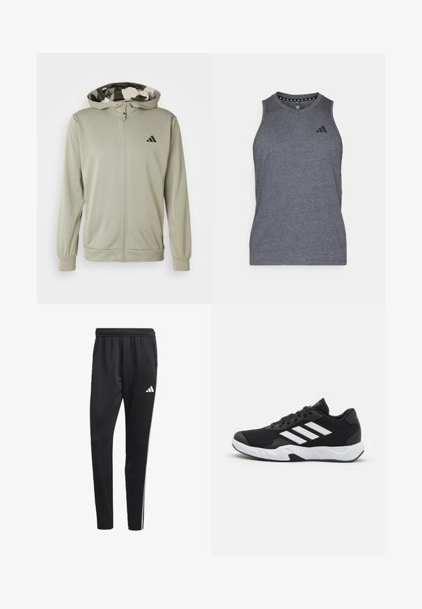 adidas Performance TRAIN ESSENTIALS CAMO FULL ZIP - Training jacket - silver pebble; Gray athletic tank top made from a lightweight fabric, featuring a round neckline and black brand logo on the left chest area.; Black athletic pants with a stretchy waistband, white side stripes, and a small white logo on the thigh. Made from a smooth, lightweight material.; Black athletic shoes with a textured mesh upper, white accent stripes, a cushioned sole, and a reinforced heel for support.