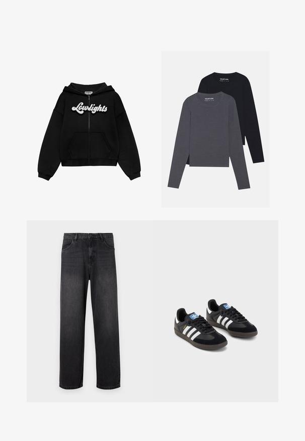 LOW LIGHTS STUDIOS® TRENDY ZIP HOODIE - Tröja med dragkedja - black; YOURTURN 2 PACK UNISEX - Långärmad tröja - dark grey/black; Mörkgrå denimjeans med rak bendesign, som har dragkedja, fem fickor och subtila blekningsdetaljer på tyget.; Svarta sneakers med övre del av mocka och syntetmaterial, med tre vita ränder, texturerad gummisula och blå logotags på tungan.