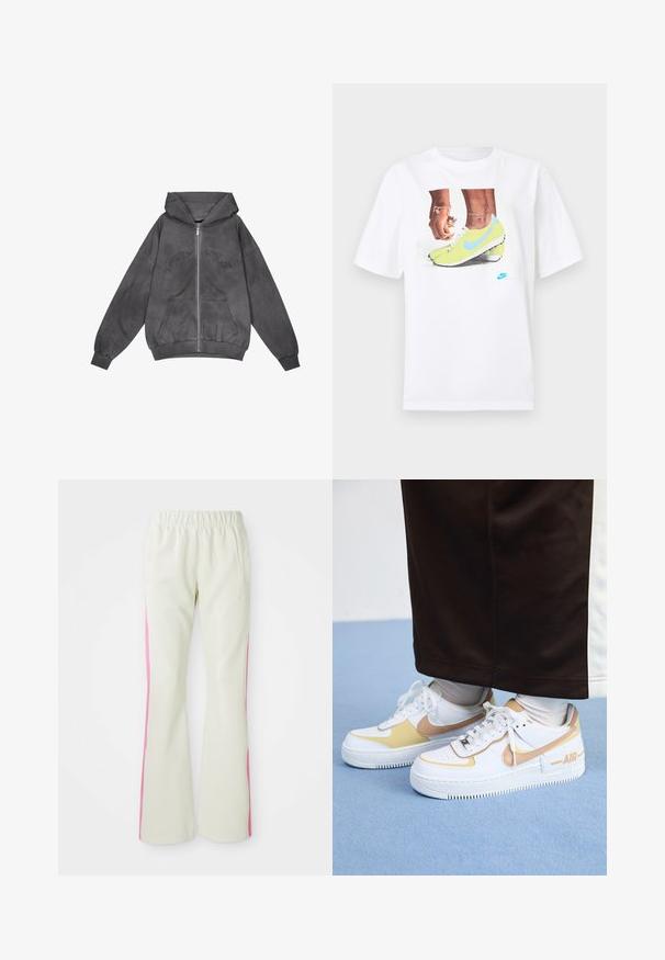 Pegador JULIA OVERSIZED - Jaka ar rāvējslēdzēju - oil dyed deep grey; Balts kokvilnas T-krekls ar grafiku, kurā attēloti zili akcentēti dzelteni Nike zābaki un kreisajā rokā valkāta rokassprādze.; Gaiši beigi bikses ar elastīgu jostu, aprīkotas ar rozā sānu paneļiem un sānu kabatām. Gluda tekstūra ar taisnu kāju dizainu.; Baltas ādas sporta apavi ar zelta akcentiem, ar caurumiem purngalā, plakanām auklām un biezu gumijas zoli ar "AIR" logo sānos.