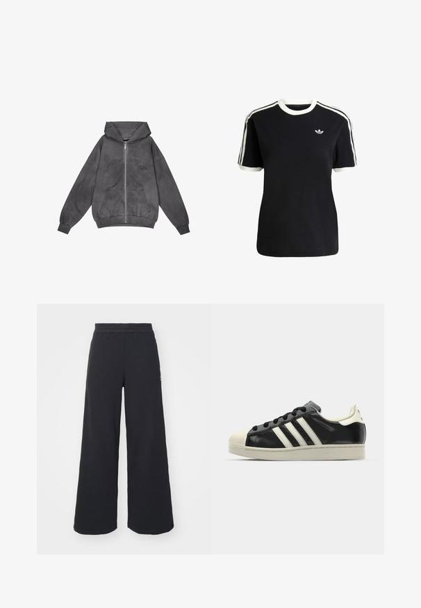 Pegador JULIA OVERSIZED - Sudadera con cremallera - oil dyed deep grey; Camiseta de algodón negra con acentos en blanco en el cuello y las mangas, que presenta tres rayas blancas en cada hombro y un pequeño logo en el pecho.; Pantalones de chándal negros de pierna ancha, hechos de una tela suave, con una cintura elástica y un pequeño logo en el lado izquierdo.; Zapatilla de cuero negro con rayas blancas, puntera de goma, cordones negros y suela color crema. Textura suave con acabado brillante.