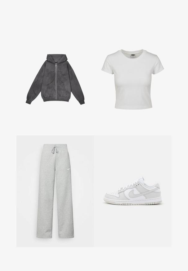 Pegador JULIA OVERSIZED - Užtrauktuku užsegamas treningas - oil dyed deep grey; Balta medvilnės marškinėliai su klasikiniais apykakle, trumpomis rankovėmis ir prigludusia forma. Nėra matomų raštų ar akcentų.; Pilkos sportinės kelnės su elastine juostele, su raišteliu ir mažu baltu Nike logotipu kairėje šlaunies pusėje. Minkšta medžiaga, laisvas pritaikymas.; Baldosiai odiniai sportiniai batučiai su pilkų akcentų, perforuota nosimi, plokščiomis raišteliais, paminkštintu apykakle ir tekstūruotu guminiu padu.