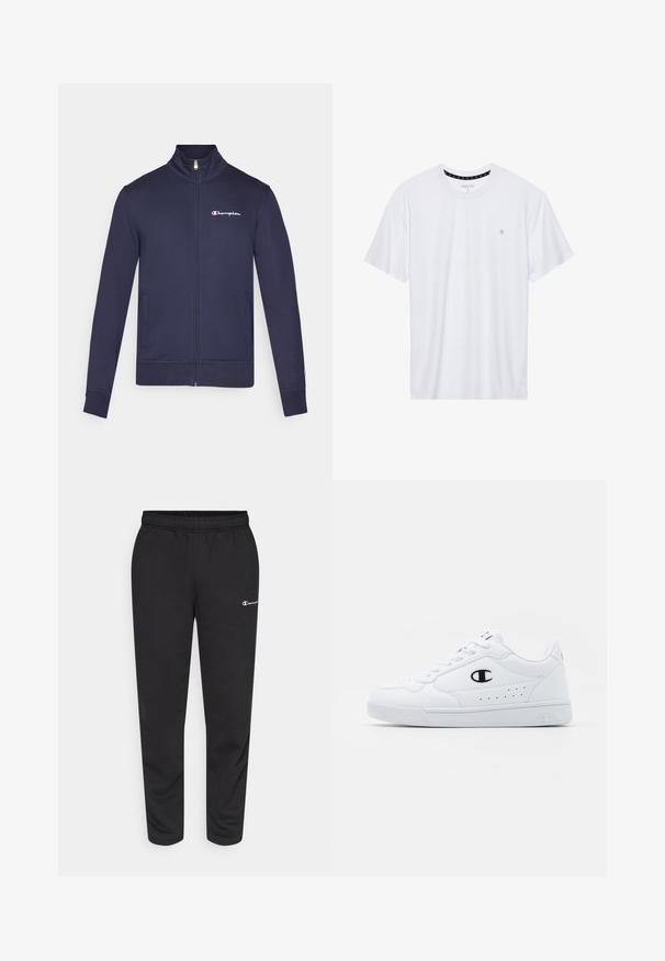 Navy zip-up jacket with high collar, side pockets, ribbed cuffs, and embroidered "Champion" logo in white and red on the chest.; White crewneck t-shirt made of cotton, featuring short sleeves and a small logo embroidered on the left chest area. Soft texture.; Black sweatpants made of cotton blend, featuring an elastic waistband and a small white logo on the left side. Tapered leg design.; White athletic sneakers with a smooth synthetic upper, black logo accent, and perforated detailing on the side. Rubber sole.