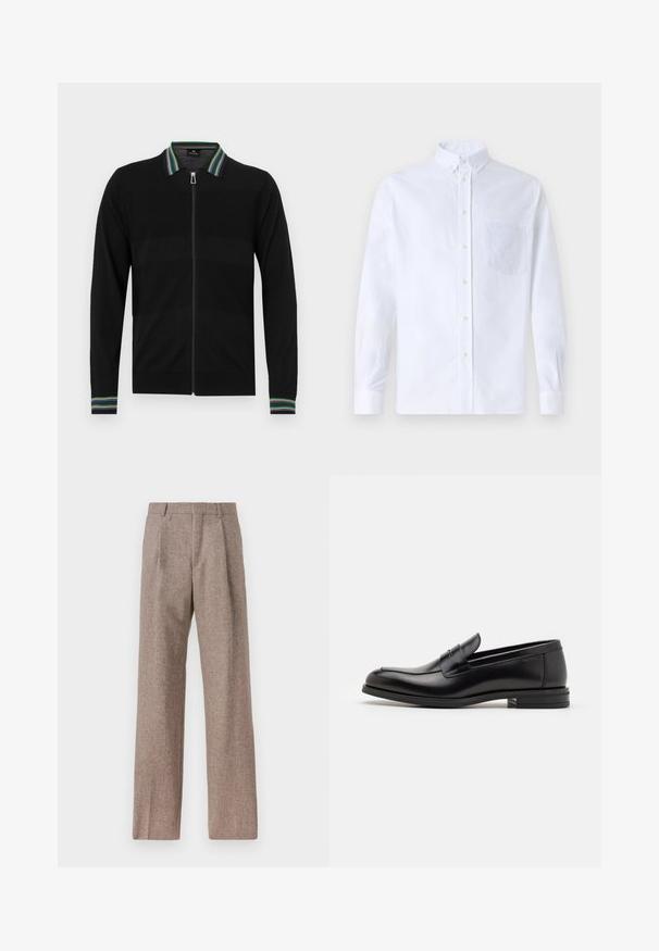 Black zip-up cardigan with a contrasting striped collar and cuffs. Features a textured pattern across the fabric. Long sleeves.; White long-sleeve button-up shirt made of cotton, featuring a chest pocket with tonal embroidery, a collar, and button cuffs.; Brown, high-waisted trousers made of textured fabric. Features wide legs and two front pleats for structure. Neat finish with no visible hardware.; Black leather loafers with a smooth texture, rounded toe, and a decorative strap across the vamp. Low stacked heel, minimalist design.