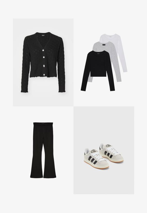 ONLY ONLLIANA LIFE V NECK CARDIGAN - Strickjacke - black; Drei langärmelige Oberteile gestapelt: schwarz, grau und weiß. Jedes hat einen runden Halsausschnitt und ein kurzes Design aus glattem, leichtem Stoff.; Schwarze Schlagleggings aus dehnbarem Stoff. Sie verfügen über einen breiten Bund und eine glatte Textur, mit einer enganliegenden Silhouette, die am Saum ausgestellt ist.; Graue Wildledersneaker mit weißen Schnürsenkeln, schwarzen Streifen und einer weißen Gummisohle. Merkmale sind ein kreisförmiges Logo auf der Zunge und eine Gummisohle.