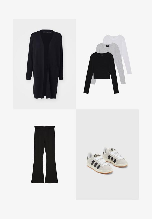 Svart langermet cardigan laget av myk stoff, med åpen frontdesign, to frontlommer, og ribbestrikkede mansjetter og kant.; Tre lange ermer t-skjorter stablet: svart, grå og hvit. Hver har en rund hals og et kort design med glatt, lett stoff.; Sorte flared leggings laget av stretchy stoff. Har en bred midjebånd og en glatt tekstur, med en tettsittende silhuett som blir videre nedover.; Grå semsket sneakers med hvite lisser, svarte striper og en hvit gummisåle. Har en sirkulær logo på tungen og en gummisåle.