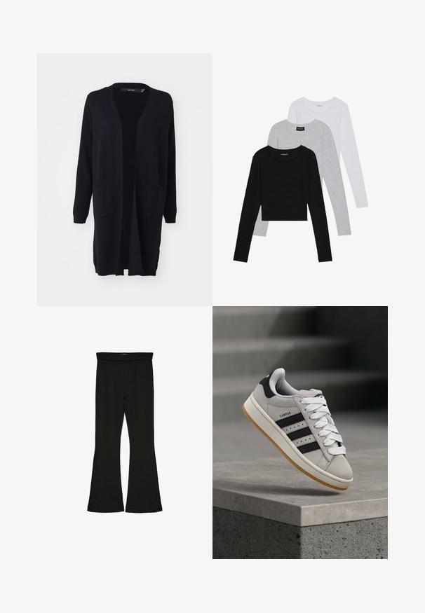Črn, dolg rokav kardigan iz mehke tkanine, ki se ponaša z odprtim sprednjim delom, dvema sprednjima žepoma ter rebrastimi manšetami in robom.; Tri dolga rokava zložena: črna, siva in bela. Vsaka ima okroglo izreznico in skrajšan dizajn z gladkim, lahkotnim materialom.; Črne flare leggings iz raztegljive tkanine. Imajo širok pas in gladko teksturo, s prilegajočo silhueto, ki se na robu razširi.; Siv Adidas Campus športni copat s črnimi črtami in belimi vezalkami, ki lebdi nad betonskim robom s stopnicami v ozadju.