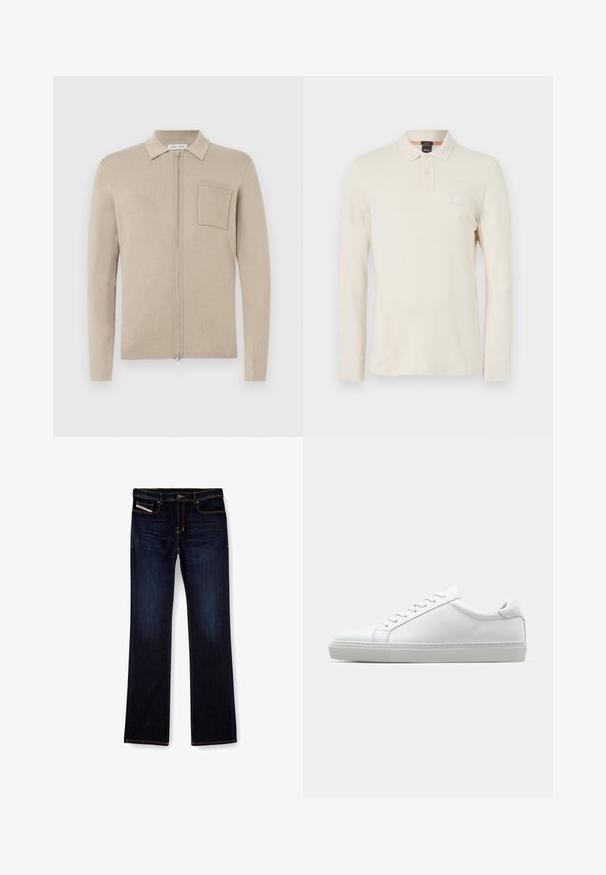 Beige glidelås-genser med lange ermer, krage og frontlomme. Laget av mykt strikket materiale, med en jevn tekstur og minimalistisk design.; Langermet polo skjorte i lys beige, laget av glatt stoff, med polo krage, to knappelukking, og en liten logo lapp på brystet.; Mørkeblå denimjeans med rette ben, med oransje sømmer, glidelås og frontlommer. Glatt tekstur og standard linning.; Hvit sneakers med en glatt skinnoverdel og lav profil. Har en rund tå, seks snøring hull, og en teksturert gummisåle.