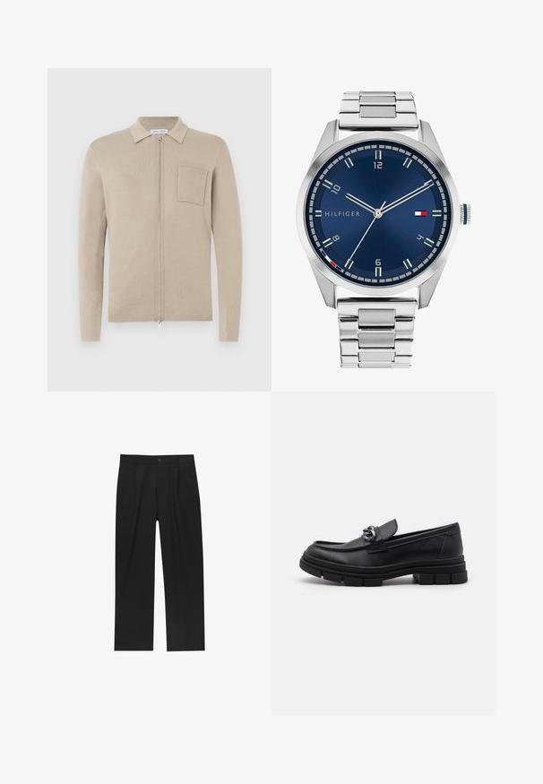 Cardigan beige con zip, maniche lunghe, colletto e tasca frontale. Realizzato in morbido materiale a maglia, presenta una texture liscia e un design minimalista.; Set di otto t-shirt nere in cotone con maniche corte e collo a giro, caratterizzate da un design semplice e una texture morbida.; Pantaloni neri con un design a gamba dritta, realizzati in un tessuto liscio. Presentano pieghe frontali e una chiusura a un bottone in vita.; Mocassino in pelle nera con punta arrotondata, una fascia decorativa e accessori in metallo, e una suola spessa e testurizzata. Finitura liscia con dettagli sottili.; Orologio in metallo argentato con quadrante blu spazzolato, indici bianchi e display della data. Dotato di un bracciale metallico a maglie e logo del marchio.