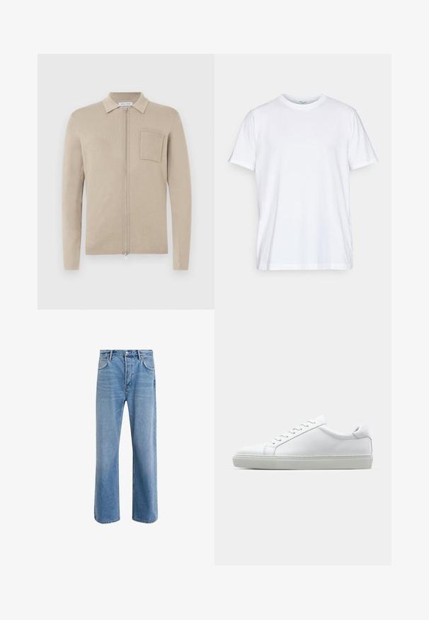 Beige krēslas jaka ar garām piedurknēm, apkakli un priekšējo kabatu. Izgatavota no mīksta adījuma materiāla, ar gludu tekstūru un minimālistisku dizainu.; Balta kokvilnas T-krekls ar īsām piedurknēm, apaļu kakla izgriezumu un brīvu piegriezumu. Iezīmē minimālisma dizainu, bez rakstiem vai akcentiem.; Gai zilas džinsu bikses ar taisnām kājām, piecām kabatām, pogu aizvēršanu, minimālu izbalēšanu un kontrastējošiem šuvju elementiem.; Baltie sporta apavi ar gludu ādas virsu un zemu profilu. Iezīmējas ar noapaļotu purngalu, sešām acīm un teksturētu gumijas zoli.