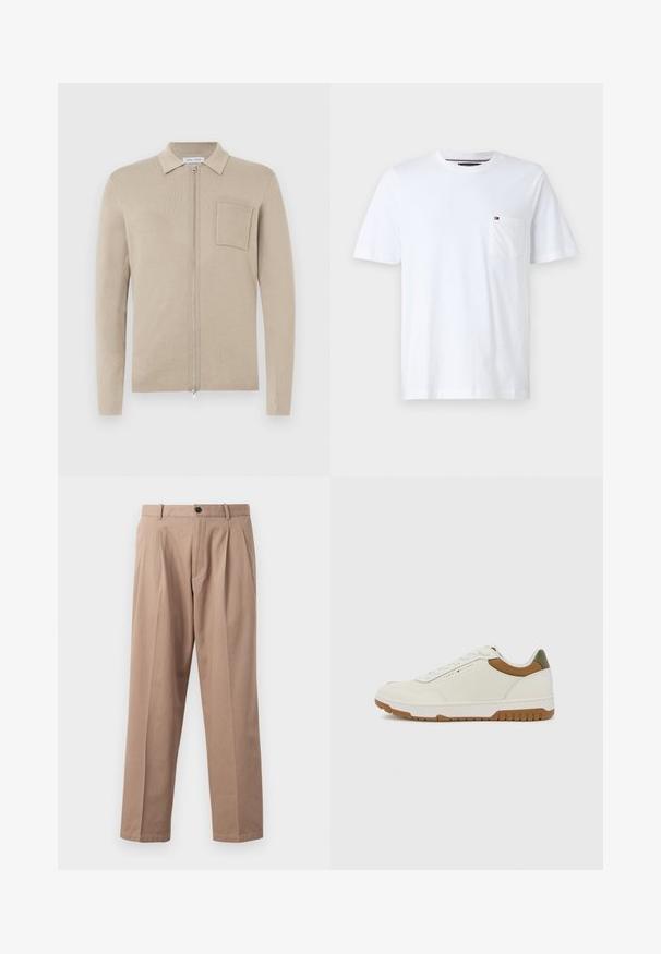 Beige lynlås cardigan med lange ærmer, krave og frontlomme. Lavet af blødt strikmateriale, med en glat tekstur og minimalistisk design.; Hvid bomulds t-shirt med klassisk rund hals, korte ærmer og en venstre brystlomme med en lille logoaccent. Glat tekstur.; Beige bukser lavet af bomuld, med en lige benlængde, front folder, knaplukning og sidelommer. Glat tekstur.; Tommy Hilfiger BASKET CORE - Sneakers - ecru/army green