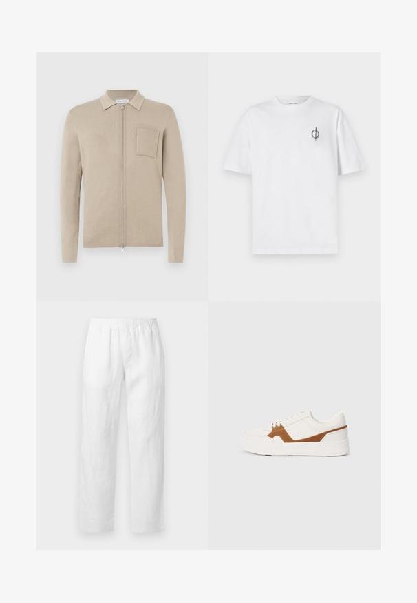 Cárdigan beige con cremallera, de manga larga, con cuello y bolsillo frontal. Fabricado en un suave material de punto, presenta una textura lisa y un diseño minimalista.; Camiseta de algodón blanca con un corte relajado, con un pequeño logotipo gráfico negro en el área del pecho izquierdo. Mangas cortas, estilo cuello redondo.; Pantalones de lino blancos con cintura elástica, corte recto y textura suave, sin patrones visibles ni detalles de herrajes.; Zapatilla blanca con acentos de ante marrón, que presenta un acabado texturizado, puntera redonda, suela gruesa y diseño de encaje tradicional.
