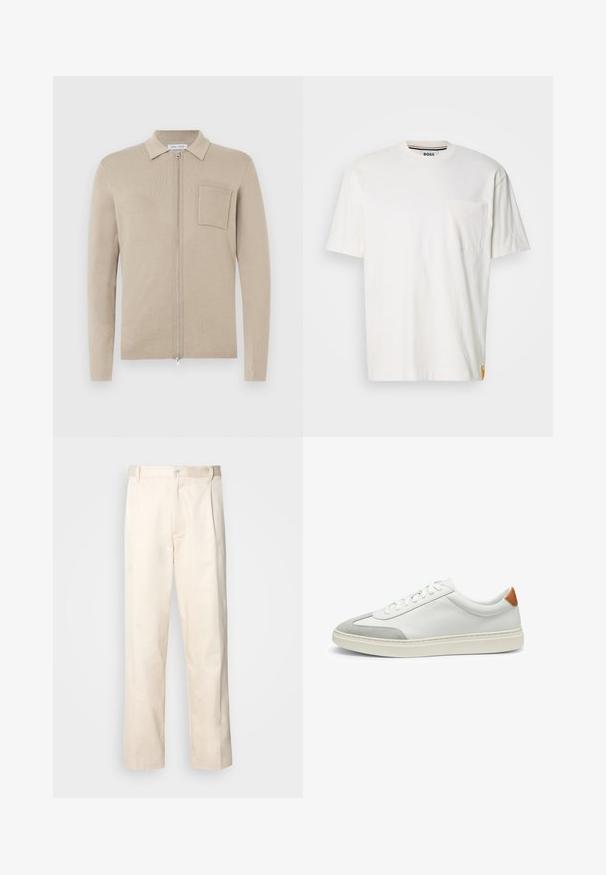 Beige zip-up cardigan med långa ärmar, krage och framficka. Tillverkad av mjukt stickat material med en slät yta och minimalistisk design.; Vit bomullströja med rund hals, korta ärmar och en bröstficka på vänster sida. Har en liten logotagg på sömmen.; Beiga bomullbyxor med rak benform, utrustade med knappstängning och veck framtill för extra detalj.; Vita lädersneakers med grå mockadetaljer och en tab i brunt läder på hälen. Har en strukturerad yta och en lätt sula.