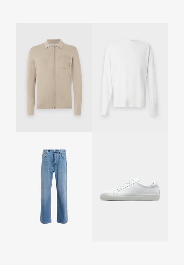 Beige pletená mikina na zip s dlouhými rukávy, límcem a přední kapsou. Vyrobena z měkkého pleteného materiálu, s hladkým povrchem a minimalistickým designem.; Bílá bavlněná košile s dlouhým rukávem a kulatým výstřihem, s bočními rozparky na spodní části a hladkým povrchem, vystavená zezadu.; Světle modré džínové kalhoty s rovnými nohavicemi, pěti kapsami, zapínáním na knoflík, minimálním vyblednutím a kontrastním prošitím.; Bílé tenisky s hladkým koženým svrškem a nízkým profilem. Mají zaoblenou špičku, šest nýtů a texturovanou gumovou podrážku.