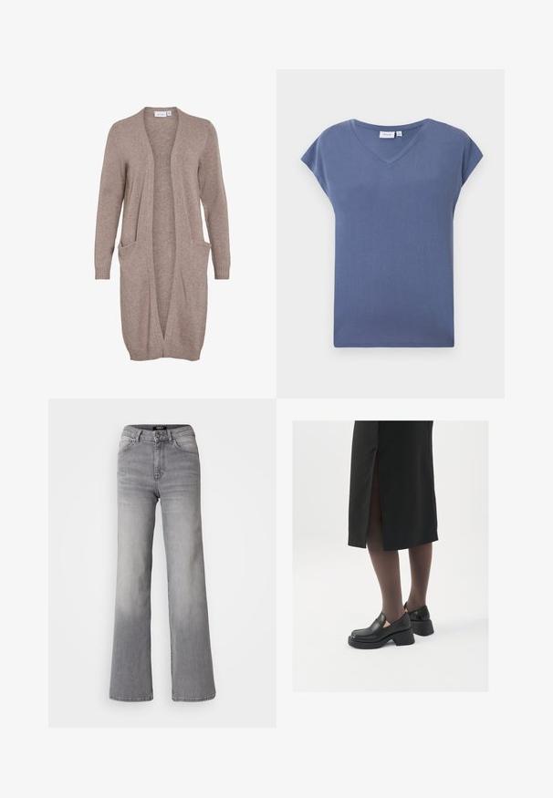 Garšs, vaļējs priekšauts softa beīgu dzijā. Iespējas divas priekšējās kabatas, ribota aproces un brīva piegriezuma. Viegls, teksturēts audums.; V-veida, īsām piedurknēm T-krekls bālā zila krāsā, izgatavots no mīksta kokvilnas materiāla ar gludu tekstūru un brīvu piegriezumu.; Augsti vidukļa taisnas kājas pelēkas džinsa bikses ar priekšējo pogu un rāvējslēdzēju, priekšējām un aizmugurējām kabatām, kā arī izbalinātiem toņiem uz augšstilbiem un teļiem.; Melni ādas apavi ar noapaļotu purngalu, biezām bloku papēžiem un elastīgiem sānu akcentiem, apvienoti ar tumšām zeķubiksēm un melnu svārku ar šķirbu.