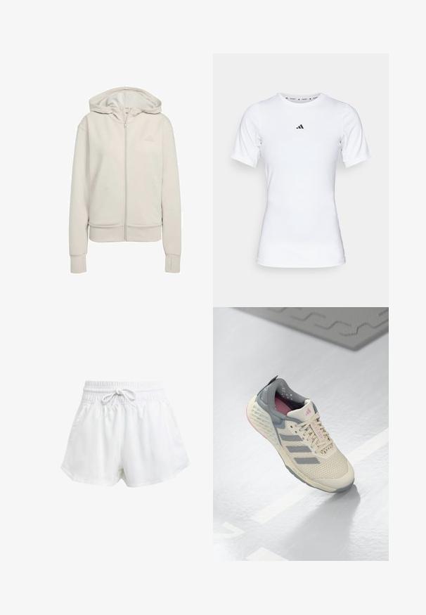 Světle šedá mikina na zip vyrobená z měkké látky. Má dvouvrstvou kapuci, žebrované manžety a nenápadné logo na levé horní části hrudi.; Bílé sportovní tričko s krátkým rukávem, vyrobené z hladké, elastické látky. Na hrudi se nachází malé černé logo Adidas.; Bílé sportovní kraťasy s elastickým pasem a nastavitelnou šňůrkou. Vyrobené z lehkého materiálu, s bočními kapsami a volným střihem.; Béžová sportovní obuv se šedými akcenty, síťovanou svrchní částí a strukturovanou podrážkou. Má tři šedé pruhy a růžové vnitřní detaily.