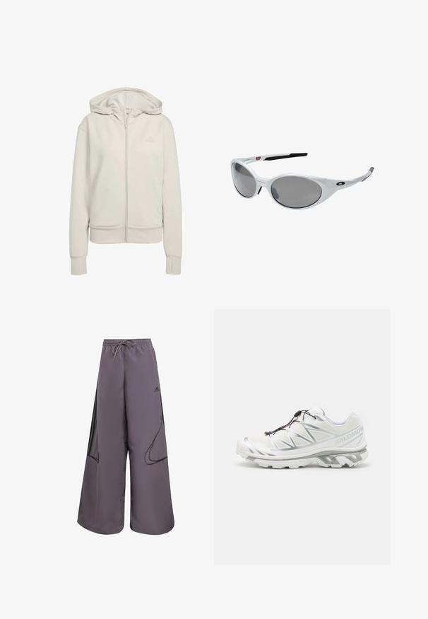 Sudadera con cremallera de color gris claro, hecha de una tela suave. Cuenta con una capucha de doble capa, puños de canalé y un logotipo discreto en el lado izquierdo del pecho.; Camiseta deportiva de manga larga en tejido blanco, con un cuello redondeado y el logo de Adidas en negro en el hombro izquierdo y en el lateral.; Pantalones de pierna ancha morados, hechos de tela ligera, con cinturilla ajustable, bolsillos laterales, acentos negros y un detalle de logo.; Zapatilla deportiva blanca con parte superior texturizada, acentos reflectantes y suela gris. Presenta patrones triangulares acentuados y un sistema de cierre rápido.; Gafas de sol de plástico blanco con grandes lentes ovalados, tintados de gris. Presentan almohadillas negras para las orejas y un pequeño logotipo en el armazón. Acabado suave.