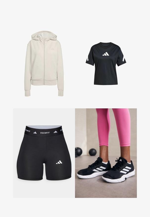Felpa con zip di un grigio chiaro realizzata in tessuto morbido. Presenta un cappuccio a doppio strato, polsini a coste e un logo discreto sul lato sinistro del petto.; T-shirt nera a maniche corte realizzata in tessuto morbido, con un logo bianco Adidas sul davanti e dettagli bianchi sulle maniche.; Shorts neri realizzati in tessuto elastico con un design aderente. Presentano una larga fascia in vita nera etichettata "TECHFIT" e un logo bianco sulla gamba.; Scarpe da ginnastica nere con strisce bianche, parte superiore in mesh testurizzato e suola bianca. Indossate con leggings rosa, a mostrare abbigliamento per l'allenamento.