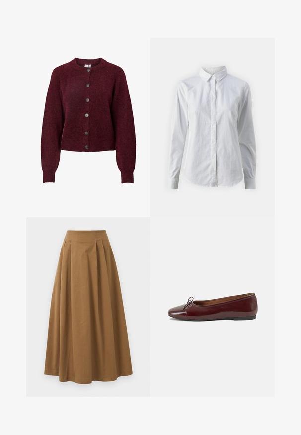 Cardigan din lână burgundy cu decolteu rotund și șase butoane negre pe față, având mâneci lungi și manșete și tiv dantele.; Cămașă albă cu nasturi, confecționată din bumbac neted, având un guler clasic, mâneci lungi și un tiv curbat. Nasturii sunt mici și albi.; Fustă A-line din bumbac maro, cu talie înaltă, având pliseuri pe față și o textură netedă. Marginile sunt finisate curat și simplu.; Balerini din piele patent burgund cu vârful rotund, accent de fundiță mică în față și talpă joasă din cauciuc negru. Textură netedă.