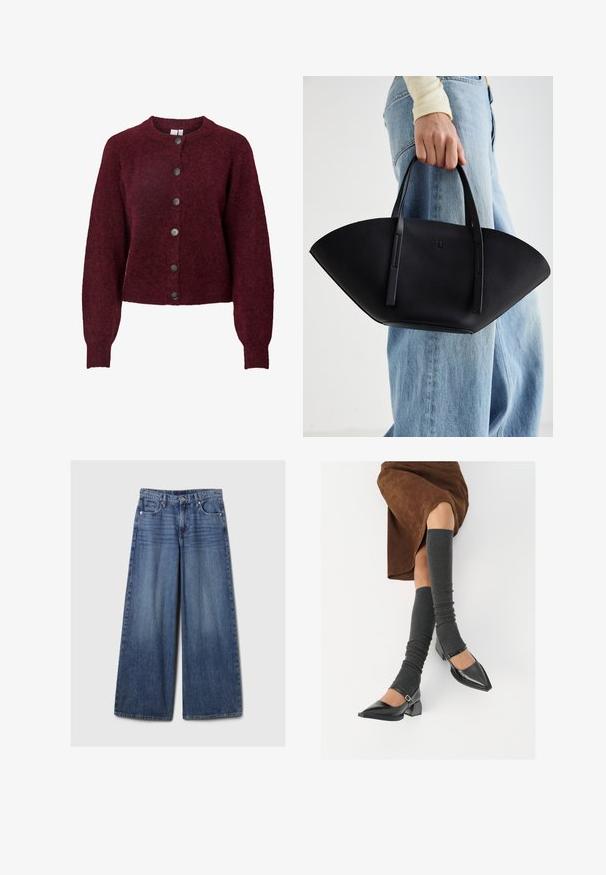 Burgundijas vilnas kardigans ar apaļu kaklu un sešiem melniem pogām priekšpusē, ar garām piedurknēm un ribotām aprocēm un apakšmalu.; Balta pogājamā krekla augšdaļa, izgatavota no gluda kokvilnas, ar klasisku apkakli, garām piedurknēm un izliekto apakšmalu. Pogas ir mazas un baltas.; Platām kājām zila denima bikses ar izbalējušu apdari, ar pogu un rāvējslēdzēju, pieciem kabatām un jostu cilpām.; Melnas laka ādas apavi ar norādītu purngalu, blokveida papēdi un potīšu jostu, saskaņoti ar pelēkām ribotām kāju sildītājām un brūnu zamšādas svārku.; Melnas ādas rokassoma ar unikālu ventilatora formu, aprīkota ar plakaniem rokturiem. Virsma ir ar graudainu faktūru un minimālistisku dizainu.