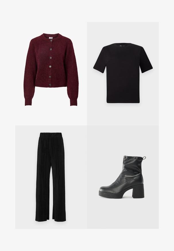 Burgunderull cardigan med rund hals, seks svarte knapper foran, lange ermer samt ribbestrikkede mansjetter og kant.; Svart t-skjorte med korte ermer og rund hals, laget av mykt bomullsstoff. Enkelt design, ingen synlige logoer eller mønstre.; Sorte plisserte bukser med elastisk midje. Har vide ben og et glatt, strukturert stoff med vertikale striper.; Svarte ankelstøvler laget av glatt lær, med glidelås på siden, chunky strukturert hæl, og rund tå-design.