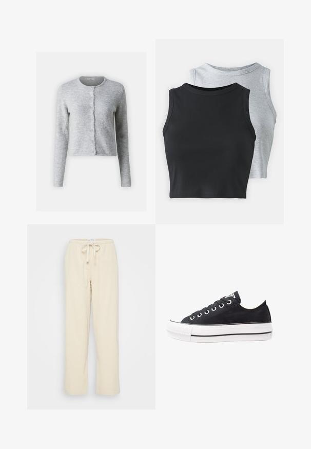 Gina Tricot Petite PETITE - Ζακέτα - grey melange; Even&Odd Petite 2 PACK - Μπλούζα - light grey/black; Even&Odd Petite Παντελόνι - beige; Μαύρα καμβά παπούτσια με λευκή καουτσούκ σόλα, στρογγυλή μύτη, χαμηλό σχέδιο, μεταλλικά μάτια και υφασμάτινη μύτη. Λεπτή μαύρη ρίγα κατά μήκος της σόλας.