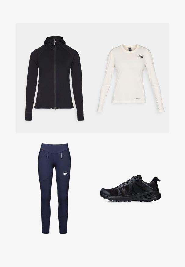 Giacca sportiva nera con zip e cappuccio, maniche lunghe e dettagli delle cuciture. Presenta una cerniera a tutta lunghezza e tasche laterali.; The North Face SHADOW LONG SLEEVE - Maglietta a manica lunga - white dune; Leggings sportivi blu navy con vita alta, tasche con zip e logo sul polpaccio. Tessuto liscio ed elastico con dettagli delle cuciture.; Scarpe da trail running nere con tomaia in rete e suola in gomma. Presentano sovrapposizioni testurizzate, punta rinforzata e logo del marchio sul tallone.