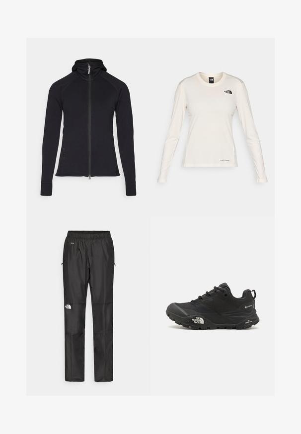 Schwarze sportliche Zip-Jacke mit Kapuze, langen Ärmeln und Nahtdetails. Verfügt über einen durchgehenden Reißverschluss und seitliche Taschen.; The North Face SHADOW LONG SLEEVE - Langarmshirt - white dune; Schwarze wasserdichte Hose aus leichtem Material, mit elastischem Bund, Seitentaschen und einem Logo am linken Bein.; Schwarzer Wanderschuh mit einer strukturierten Oberfläche, Schnürverschluss und einer massiven Gummisohle, die auf der Seite ein ausgeprägtes Logo sowie Profilmuster zeigt.