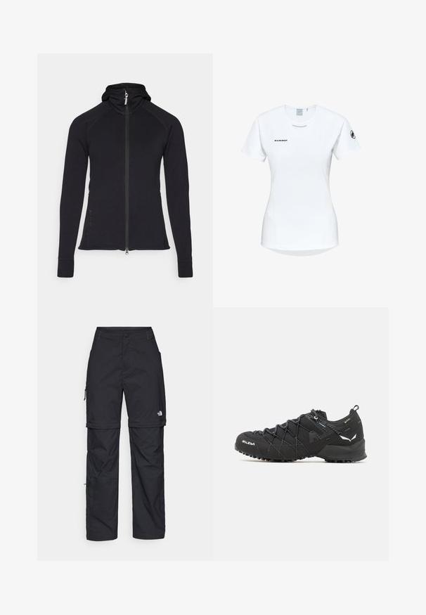 Svart atletisk zip-up-jacka med huva, långa ärmar och sömsdetaljer. Har en dragkedja som går hela vägen och sidofickor.; Kortärmad vit träningsskjorta med rund halsringning, försedd med en logotyp på bröstet och en slät, lätt tygkvalitet.; Svarta nylonbyxor med avtagbara ben, justerbara muddar, flera fickor och en logotyp på högra benet. Slät, lätt textur.; Svarta vandringsskor med ett texturerat tygöverdrag, snörningssystem och slitstark gummisula. Prydda med reflekterande detaljer och logotyper.