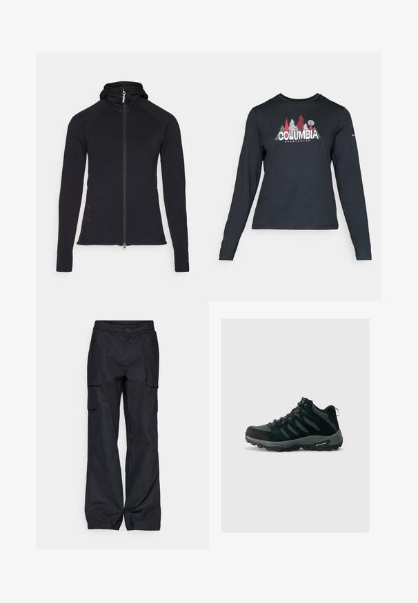 Črna športna zip jakna s kapuco, dolgimi rokavi in detajli na šivih. Ima dolgi zadrgo in stranske žepe.; Majica z dolgimi rokavi temno siva z grafiko rdečih dreves in gora; logotip "COLUMBIA" v krepki beli barvi. Mehka tkanina, standarden krojen ovratnik.; Columbia BREA FALLS™ COTTON RIPSTOP PANT - Hlače za na prostem - black; Columbia REDMOND - Pohodniški čevlji - black/citron haze
