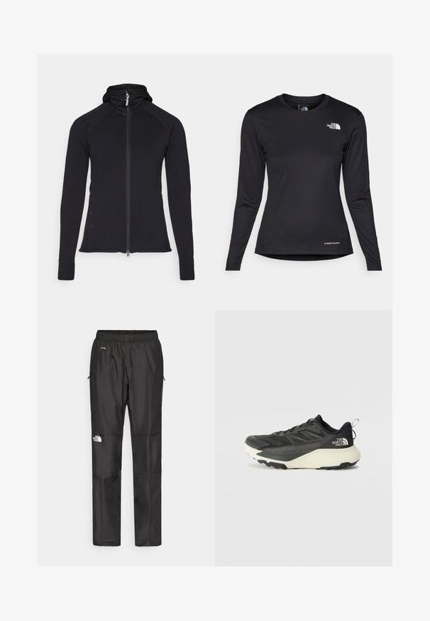 Juodas sportinis zip-up džemperis su gobtuvu, ilgomis rankovėmis ir siuvinėjimais. Pasižymi pilnu užtrauktuku ir šoninėmis kišenėmis.; The North Face SHADOW LONG SLEEVE - Ilgarankovis viršutinės dalies drabužis - black; Juodi nepralaidūs vandeniui kelnių, pagamintų iš lengvos medžiagos, su elastingu juosmeniu, šoninėmis kišenėmis ir logotipu kairiajame šone.; Juodas sportinis batas su tekstūruota viršutine dalimi, su pilkomis detalėmis ir baltu viduriu. Apima pakėlimo juostelę ir ryškų prekės ženklo logotipą ant kulno.