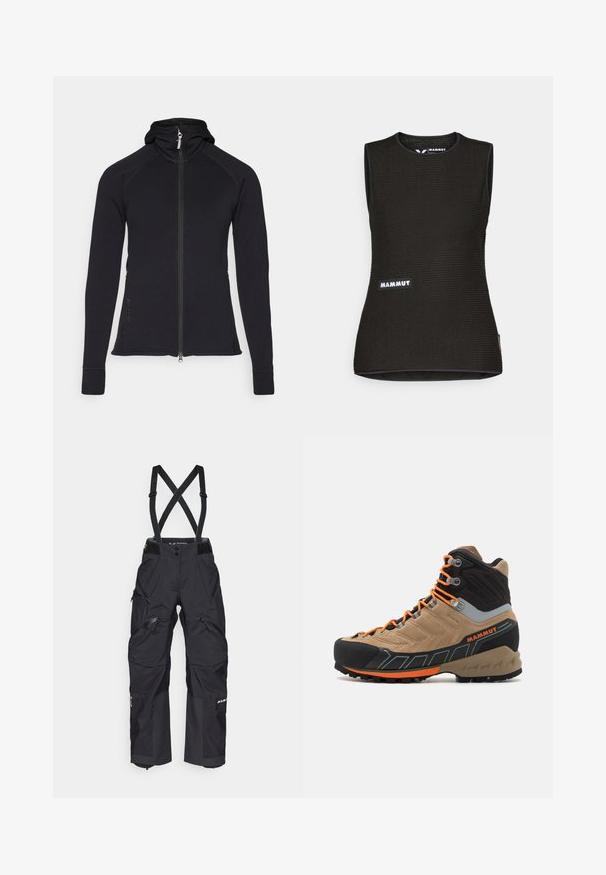Black athletic zip-up jacket with a hood, long sleeves, and seam detailing. Features a full-length zipper and side pockets.; Black sleeveless shirt with a textured pattern, featuring a round neckline and a "MAMMUT" logo on the front. Made of breathable material.; Black technical pants with suspenders, featuring multiple zippered pockets, reinforced knees, and a durable, waterproof fabric.; Beige and black high-top hiking boot with orange laces, rubber toe cap, textured upper, and rugged sole. Features reinforced ankle support.
