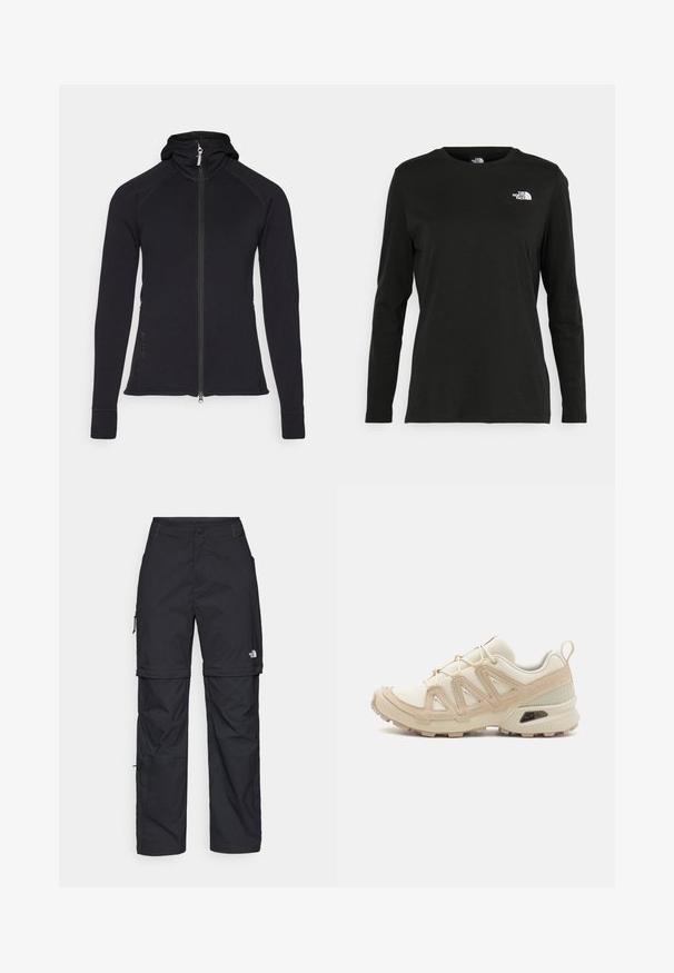 Giacca sportiva nera con zip e cappuccio, maniche lunghe e dettagli delle cuciture. Presenta una cerniera a tutta lunghezza e tasche laterali.; T-shirt nera a maniche lunghe in cotone con colletto rotondo. Presenta un piccolo logo bianco sul lato sinistro del petto. Design semplice e vestibilità comoda.; Pantaloni cargo in nylon nero con zip rimovibile, polsini regolabili, molteplici tasche e un logo sulla gamba destra. Tessuto liscio e leggero.; Scarpa atletica beige e crema con tomaia in mesh testurizzato, sovrapposizioni supportive e suola in gomma con un motivo a tasselli per la trazione.