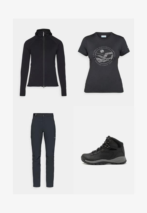 Czarna sportowa kurtka zapinana na zamek z kapturem, długimi rękawami i detalami wzdłuż przeszyć. Posiada zamek błyskawiczny na całej długości oraz boczne kieszenie.; Czarny t-shirt Columbia z białą okrągłą grafiką gór i rzeki oraz napisem "Columbia Sportswear Company Outside Since 1938."; Męskie spodnie outdoorowe, ciemnoszare, wykonane z elastycznego materiału, z paskiem, kieszeniami na zamek oraz wzmocnionymi szwami.; Czarne buty trekkingowe z średnim cholewem, z teksturowaną cholewą, szarymi akcentami oraz trwałą gumową podeszwą z wypustkami zapewniającymi przyczepność.