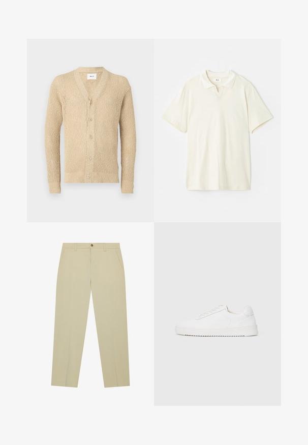 Beige strikket cardigan med v-hals, frontlukking og lange ermer. Har et teksturert mønster i hele stoffet.; Kremfarget polo skjorte med klassisk krage, korte ermer og en lett v-splitt ved halsåpningen. Glatt tekstur og minimal design.; Beige chinos laget av lett bomull, med rett benkutt, frontlommer og en enkelt knappelukking i livet.; Hvit sneaker med en glatt skinnoverdel, avrundet tå, snøring, teksturerte sideakenter og en tykkgummisåle. Minimalistisk design.