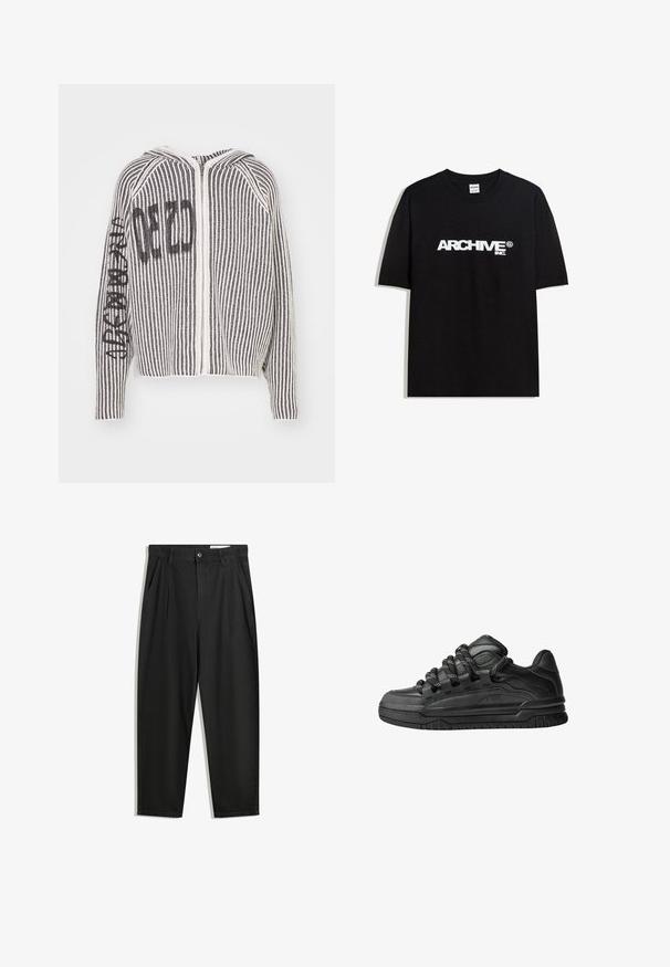 032c CRUSADER HOODED - Cardigan - black/white; T-shirt in cotone nero con il logo bianco "ARCHIVE inc." stampato sul petto, maniche corte e colletto a girocollo.; Pantaloni in cotone neri con una vestibilità rilassata, dotati di una vita classica, pieghe frontali e tasche laterali. Tessuto liscio senza fantasie.; Sneaker nere con una toma in pelle liscia, dettagli testurizzati e lacci tondi neri e bianchi. Suola spessa in gomma con battistrada gommato.
