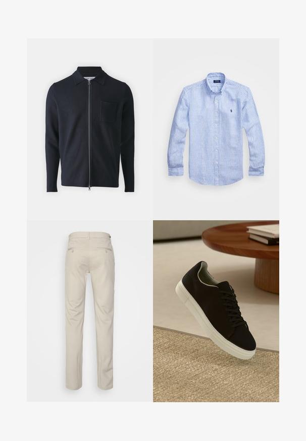 Suéter azul marino con cremallera, con cuello, mangas largas y bolsillo en el pecho. Fabricado con una tela suave y de textura lisa.; Camisa de manga larga a rayas azul y blanca hecha de algodón, con cuello de botón, botones en el frente y un pequeño logo bordado en el pecho.; Pantalones beiges con una textura suave, corte recto, dos bolsillos traseros con botones y una cinturilla estándar.; Zapatilla negra con suela blanca flotando sobre una alfombra texturizada beige cerca de una mesa redonda de madera con libros apilados.