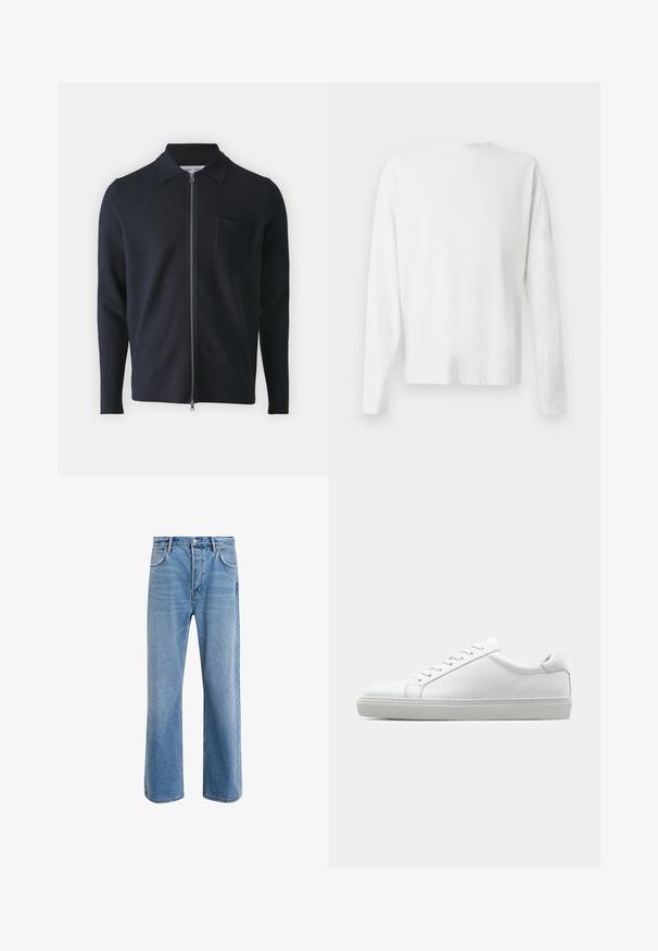 Tengerészkék zipzáras pulóver, galléros nyakkal, hosszú ujjakkal és mellzsebbel. Puha anyagból készült, sima tapintással.; Hosszú ujjú fehér pamut ing kerek nyakkivágással, az alján oldalsó hasítékokkal és sima textúrával, hátulról bemutatva.; Világoskék farmernadrág, egyenes szárú fazonnal, öt zsebbel, gombos záródással, minimális kopással és kontrasztos varrással.; Fehér sportcipő sima bőr felső résszel és alacsony profilsal. Kerek orr, hat fűzőlyuk és barázdált gumitalp jellemzi.