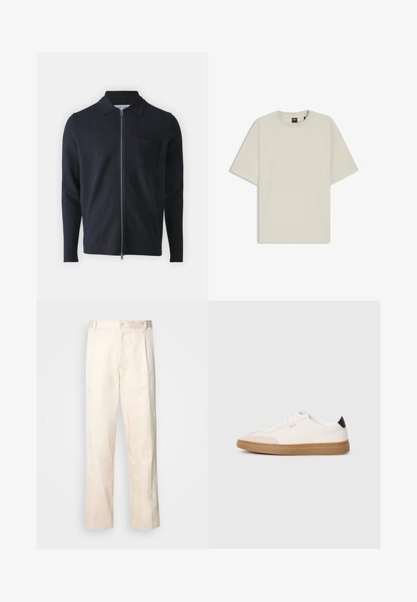 Navy zip-up sweater featuring a collared neckline, long sleeves, and a chest pocket. Made from soft fabric with a smooth texture.; Light beige t-shirt made of soft cotton, featuring a relaxed fit, crew neck, and short sleeves. No visible patterns or accents.; Beige cotton trousers with a straight-leg cut, featuring a button closure and pleats at the front for added detail.; White sneakers with beige accents, smooth leather upper, rounded toe, and rubber gum sole, featuring a black heel tab and subtle branding.