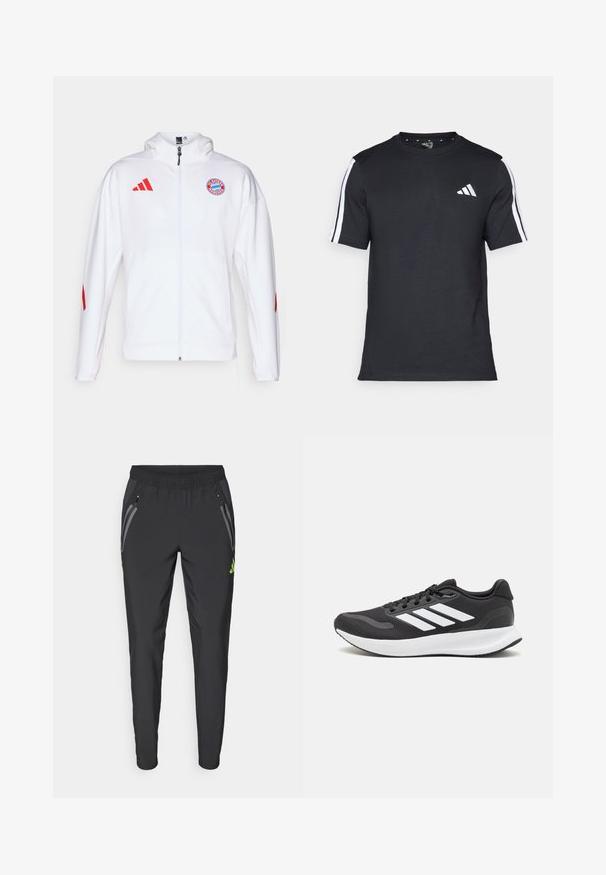 Giacca bianca con zip e dettagli rossi, dotata di un logo ricamato sul petto e del logo a tre strisce Adidas sulle spalle.; T-shirt nera in cotone a maniche corte, con strisce bianche sulle spalle e un logo bianco sul petto sinistro.; adidas Performance REAL MADRID TIRO25 PRO VIS TECH TRAVEL PANT - Squadra - black/lucid lemon; Scarpa sportiva nera con tomaia in mesh traspirante, dettagli bianchi e suola ammortizzata. Presenta il logo con tre strisce sul lato.