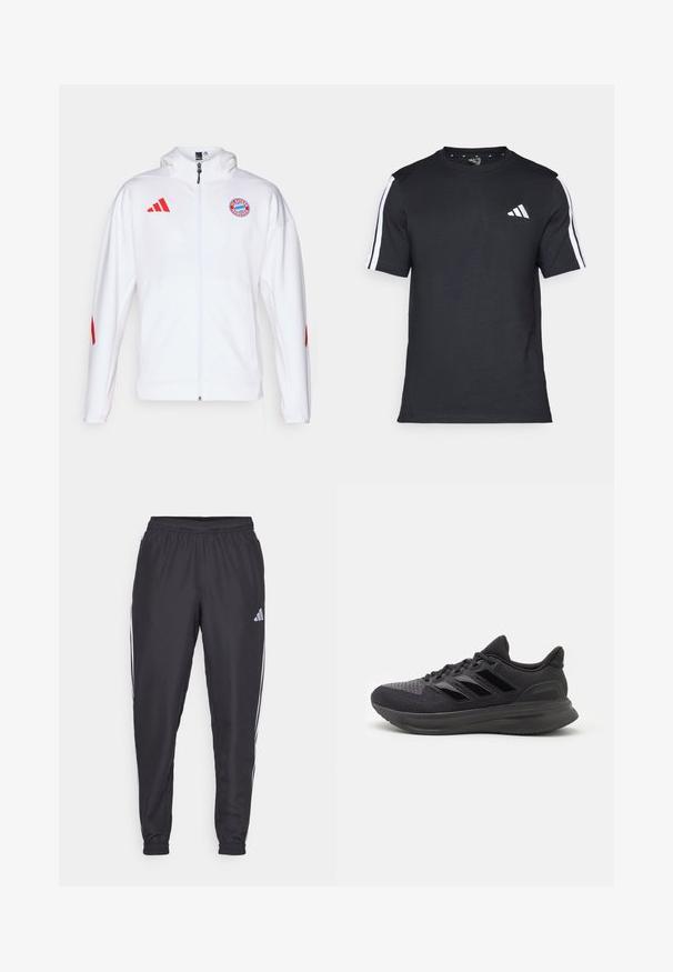 Chaqueta blanca con cremallera y acentos rojos, que presenta un logo bordado en el pecho y el logo de tres rayas de Adidas en los hombros.; Camiseta negra de algodón de mangas cortas, con rayas blancas en los hombros y un logo blanco en el lado izquierdo del pecho.; Pantalones deportivos negros con cinturilla elástica, que presentan franjas blancas a lo largo de los lados y un pequeño logo en la cadera. Textura suave.; Zapatilla deportiva negra con parte superior de tela texturizada, suela de goma y tres franjas negras brillantes en el costado. Punta redondeada y talón acolchado.