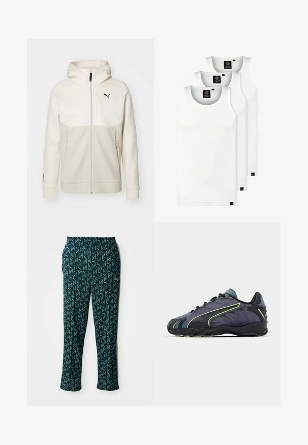 Helle beige Zip-Hoodie mit Kapuze, gestaltet mit cremefarbenen Einsätzen, hohem Kragen, zwei Reißverschlusstaschen und einem schwarzen Logo auf der Brust.; Drei weiße, gerippte Tanktops aus Baumwolle. Merkmale einen Rundhalsausschnitt und kleine schwarze Etiketten am Saum. In mehreren Größen erhältlich.; Grüne gemusterte Hose mit einem wiederholten Logo-Design, einem elastischen Bund und geradem Schnitt, präsentiert vor einem neutralen Hintergrund.; Schwarze und lila Sportschuhe mit einer strukturierten Oberseite, grünen Akzentlinien und einer Gummisohle mit einem wellenförmigen Design. Mit Schnürverschluss.