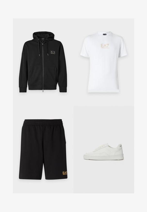 Čierna mikina na zips s prednými vreckami, kapucňou so sťahovacou šnúrkou a malou zlatou nášivkou loga Armani Exchange na ľavom prsníku.; Biela bavlnená tričko s okrúhlym výstrihom a krátkymi rukávmi, na prednej strane s potlačou zlatého loga EA7 Emporio Armani.; Čierne športové šortky vyrobené z jemného materiálu, s elastickým pásom a malým žltým logom EA7 na dolnej ľavej nohe.; Biele kožené tenisky s hladkým povrchom, okrúly špičkový dizajn, ploché šnúrky a textúrovaná podrážka. Obsahujú jemné logo na päte.