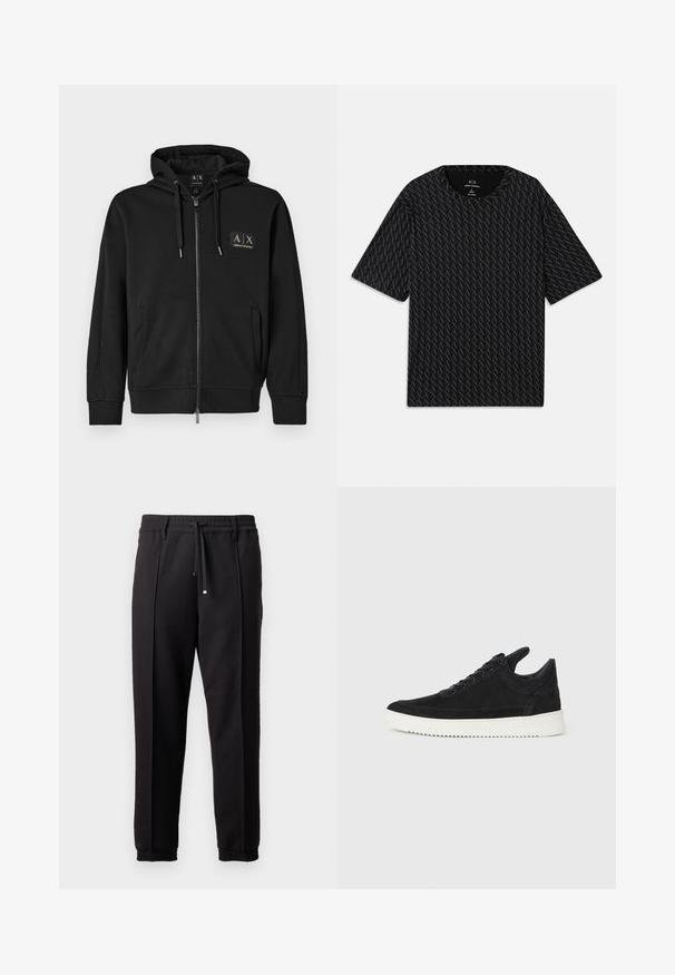 Black zip-up hoodie with front pockets, drawstring hood, and small gold Armani Exchange logo patch on left chest.; Black T-shirt featuring a textured pattern of alternating 'A' logos, short sleeves, and a crew neckline. Made from lightweight fabric.; Black trousers with a waistband, drawstring, and elastic cuffs. Features pleats and a smooth, textured fabric.; Black suede sneaker with a white rubber sole, featuring tonal stitching and lace-up design. Smooth texture with a modern, streamlined shape.