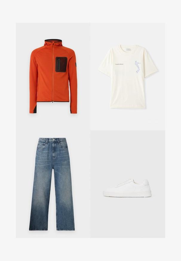 Camisola laranja com fecho, feita de um tecido texturizado, com capuz, um bolso de rede preto no peito e detalhes pretos nas bainhas das mangas e na barra.; T-shirt de algodão branca com mangas curtas, apresentando o texto "United By Rhythm" em gráfico preto e azul no peito. Design de gola redonda.; Jeans de ganga azul de perna larga com cintura alta, apresentando um desbotamento subtil, cinco bolsos e um fecho de botão metálico na frente.; Sapatilha branca com um cabedal de couro suave, bico arredondado, atacadores, detalhes texturizados nas laterais e uma sola de borracha grossa. Design minimalista.