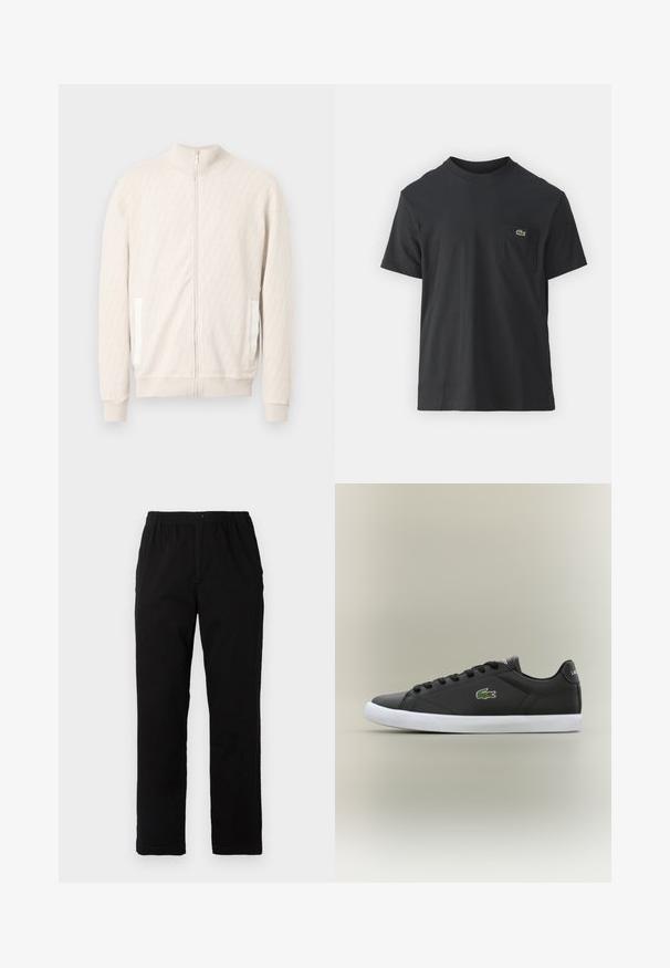 Geacă cu fermoar bej deschis, cu guler înalt, având un model texturat în formă de diamant, manșete striate și două buzunare laterale cu accente albe.; Tricou din bumbac negru, cu mâneci scurte, decolteu rotund și un mic logo verde pe buzunarul stâng al pieptului. Design simplu, fit normal.; Pantaloni negri dintr-un material textil amestecat de bumbac, cu croială dreaptă, talie elastică cu nasture și fără modele sau accente vizibile.; Tenisi negri din piele cu talpă din cauciuc alb, având un logo verde de crocodil și șireturi rotunde, design elegant cu textură fină.