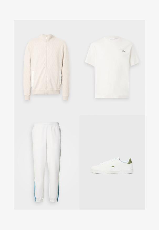 Helebeežidest lukuga jope kõrge kaelusega, millel on tekstuuriga teemantmuster, soonilised mansetid ja kaks küljetaskut valgete detailidega.; Valge puuvillane T-särk lühikeste varrukatega, millel on diskreetne brodeeritud logo ja minimalistlik disain. Pehme tekstuur, ümar kaelusekujundus.; Valged dressipüksid elastse vöökindaga, roheline ja sinine külgdekoratsioon. Pehme kangas ja kitsenev säärekujundus.; Valged tossud siledast materjalist, millel on roheline aktsent kannaosas ja väike tikandiga krokodillilogo külgedel.