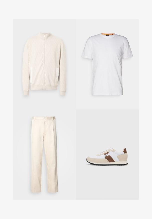 Hellbeige Reißverschlussjacke mit Stehkragen, verfügt über ein strukturiertes Diamantmuster, gerippte Bündchen und zwei Seitentaschen mit weißen Akzenten.; Weißes Baumwoll-T-Shirt mit Rundhalsausschnitt, kurzen Ärmeln und einem dezenten geprägten Logo auf der Brust. Das Innenschild hat einen orangefarbenen Akzent.; Beige Baumwollhose mit geradem Bein, ausgestattet mit einem Knopfverschluss und Falten an der Vorderseite für zusätzliche Details.; Sneaker aus einer Mischung von weißem Mesh und beigem Wildleder, mit einem Akzent aus braunem Leder. Runde Zehenform, flache Gummisohle und Schnürdesign.